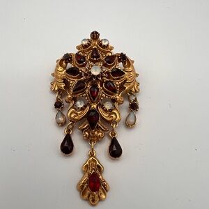FLORENZA Vintage Gold Tone Faux Garnet Opal Victorian Style Brooch Pendant 3"